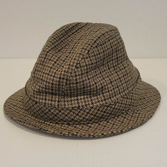 Vintage Scala Houndstooth Tweed Fedora Hat Wool Size Medium Beige Dark Brown - Picture 2 of 11